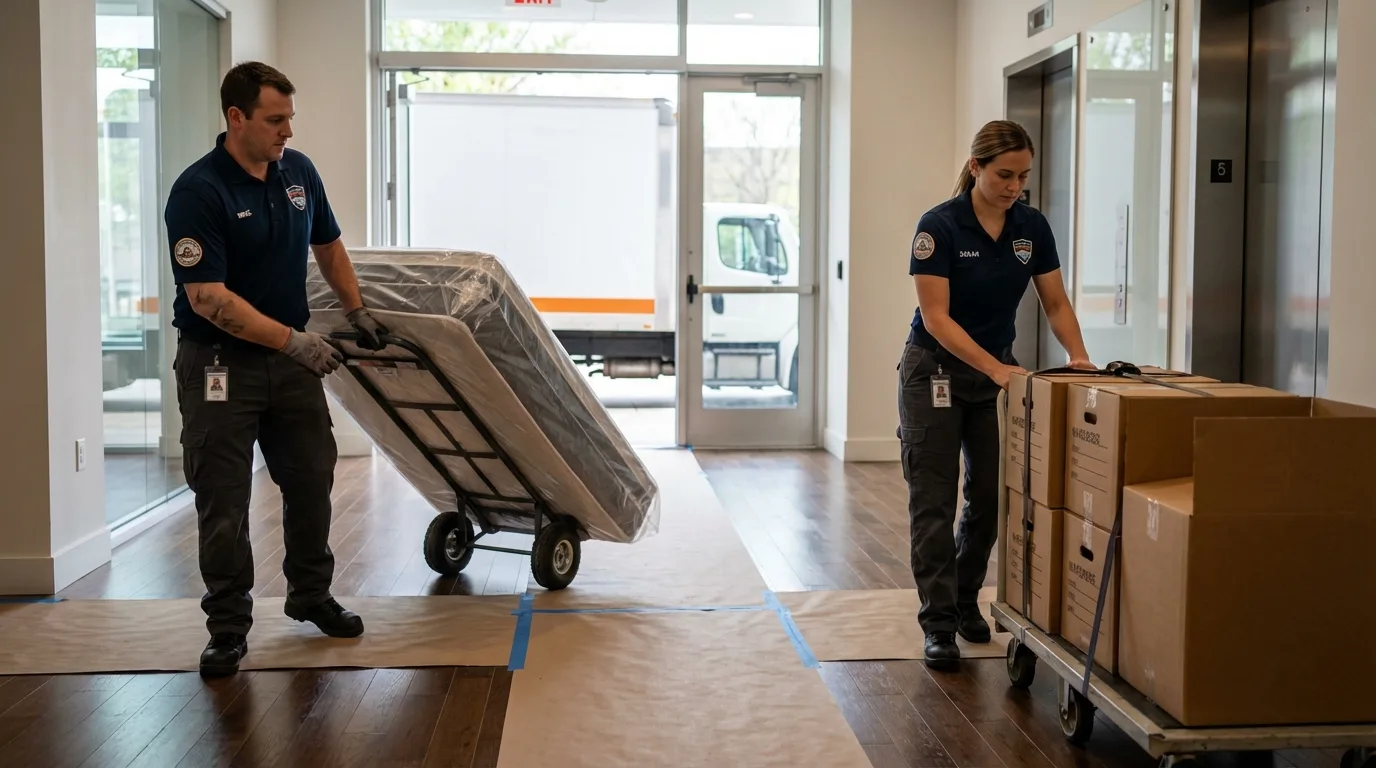 Professional apartment movers loading elevator in Erwin, TN
